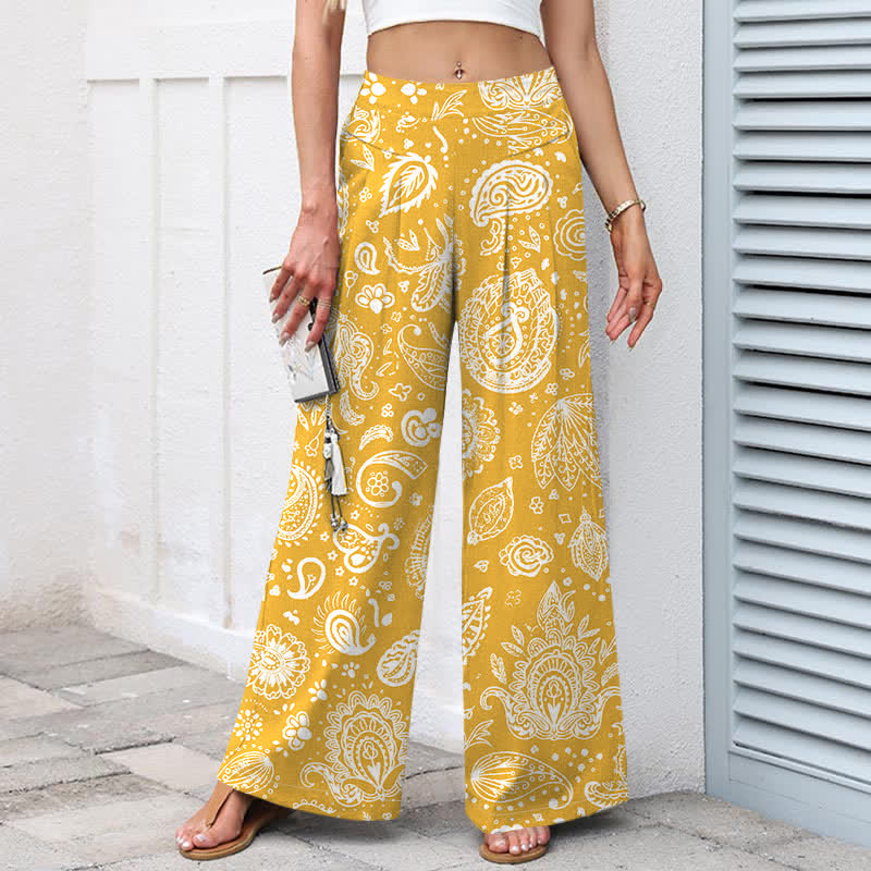 Nimara Ritual Cotton Linen Olive Paisley Pattern Women's Elastic Waist Wide Leg Pants With Pockets