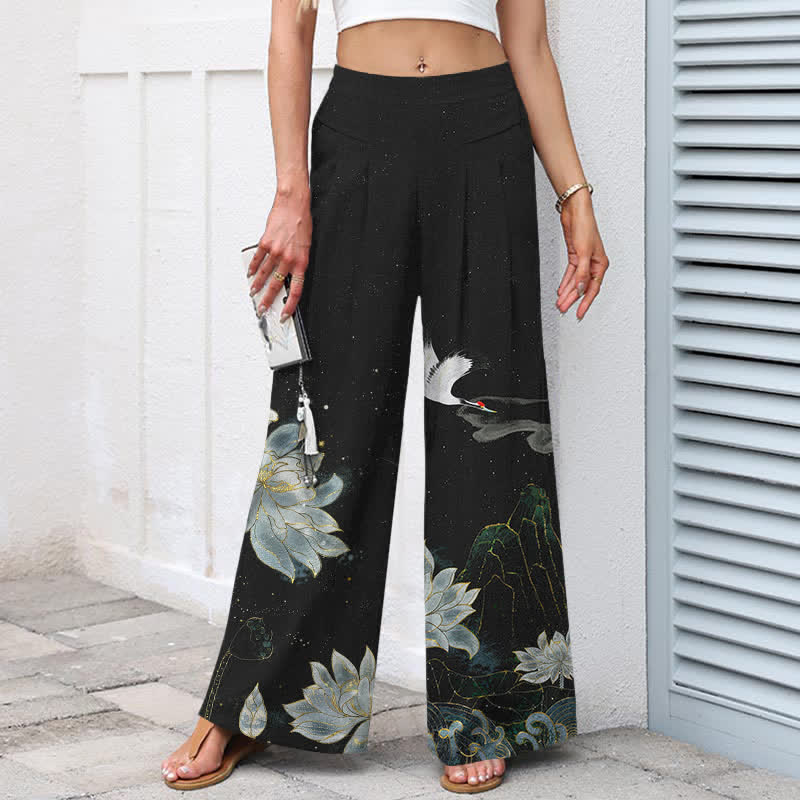 Nimara Ritual Cotton Linen Lotus Crane Pattern Women's Elastic Waist Wide Leg Pants With Pockets