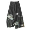 Nimara Ritual Cotton Linen Lotus Crane Pattern Women's Elastic Waist Wide Leg Pants With Pockets