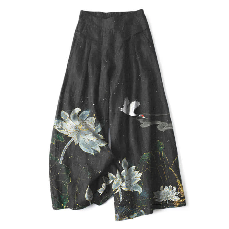 Nimara Ritual Cotton Linen Lotus Crane Pattern Women's Elastic Waist Wide Leg Pants With Pockets