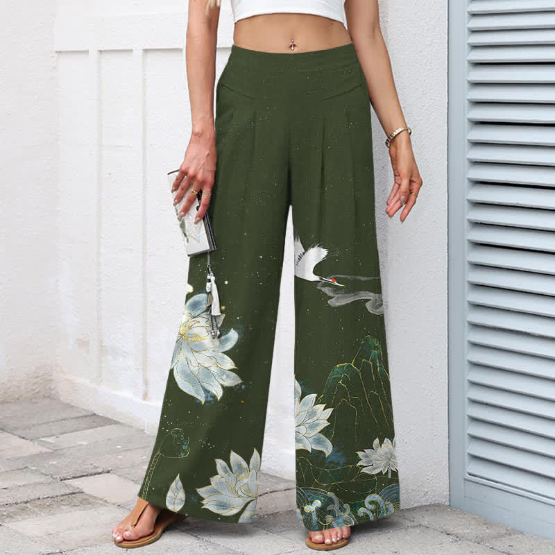 Nimara Ritual Cotton Linen Lotus Crane Pattern Women's Elastic Waist Wide Leg Pants With Pockets