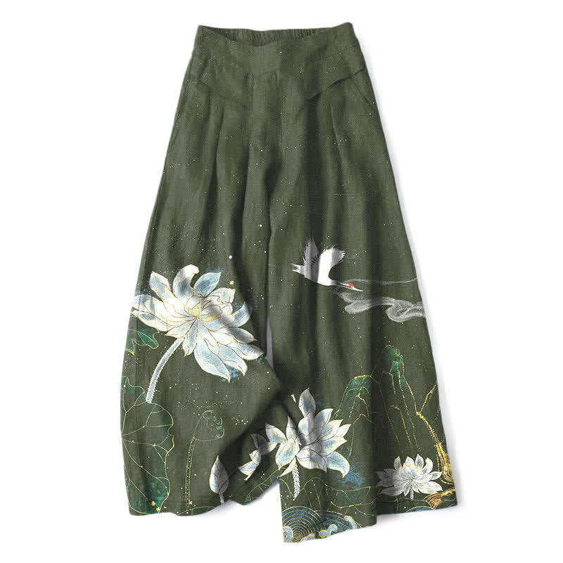 Nimara Ritual Cotton Linen Lotus Crane Pattern Women's Elastic Waist Wide Leg Pants With Pockets