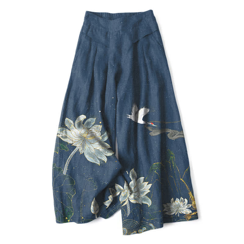 Nimara Ritual Cotton Linen Lotus Crane Pattern Women's Elastic Waist Wide Leg Pants With Pockets