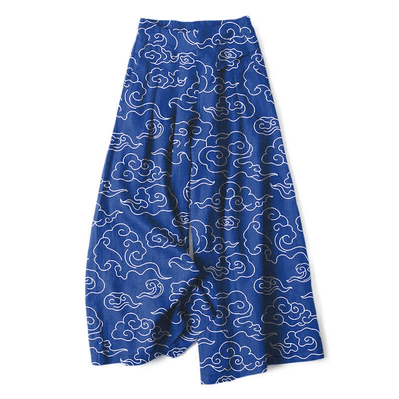 Nimara Ritual Cotton Linen Cloud Pattern Women's Elastic Waist Wide Leg Pants With Pockets