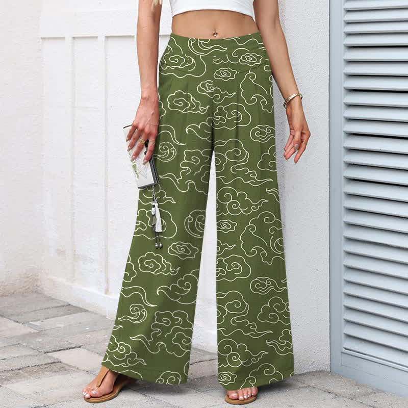 Nimara Ritual Cotton Linen Cloud Pattern Women's Elastic Waist Wide Leg Pants With Pockets