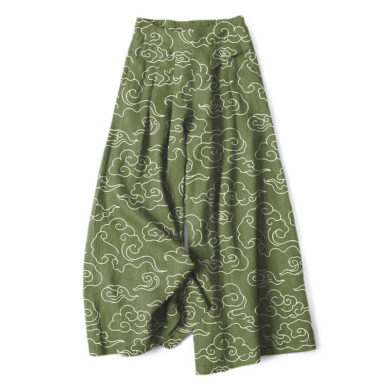 Nimara Ritual Cotton Linen Cloud Pattern Women's Elastic Waist Wide Leg Pants With Pockets