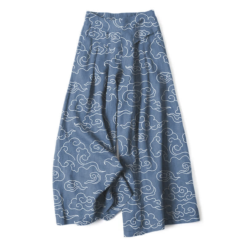 Nimara Ritual Cotton Linen Cloud Pattern Women's Elastic Waist Wide Leg Pants With Pockets
