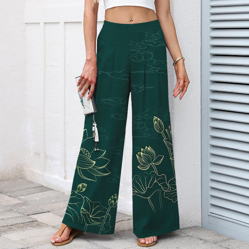 Nimara Ritual Cotton Linen Lotus Line Art Pattern Women's Elastic Waist Wide Leg Pants With Pockets