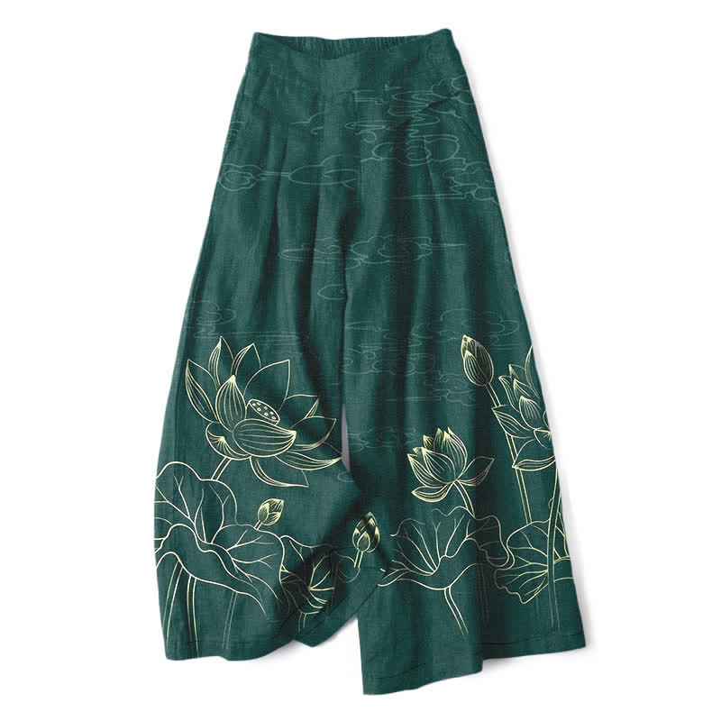 Nimara Ritual Cotton Linen Lotus Line Art Pattern Women's Elastic Waist Wide Leg Pants With Pockets