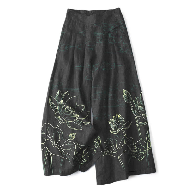 Nimara Ritual Cotton Linen Lotus Line Art Pattern Women's Elastic Waist Wide Leg Pants With Pockets