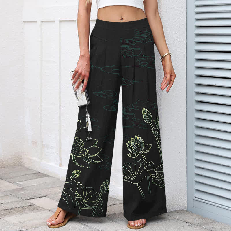 Nimara Ritual Cotton Linen Lotus Line Art Pattern Women's Elastic Waist Wide Leg Pants With Pockets
