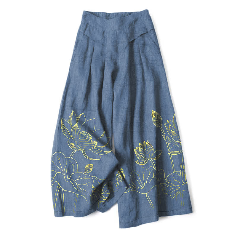 Nimara Ritual Cotton Linen Lotus Line Art Pattern Women's Elastic Waist Wide Leg Pants With Pockets