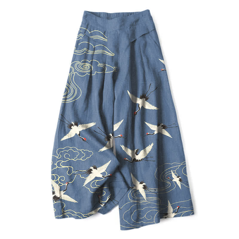 Nimara Ritual Cotton Linen Crane Cloud Pattern Women's Elastic Waist Wide Leg Pants With Pockets