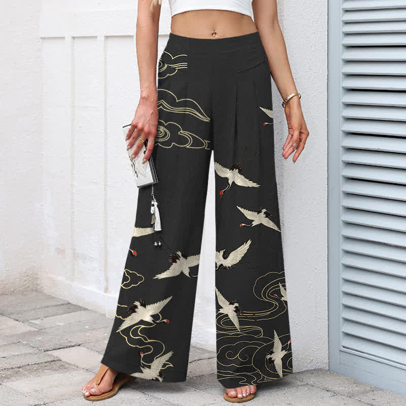 Nimara Ritual Cotton Linen Crane Cloud Pattern Women's Elastic Waist Wide Leg Pants With Pockets