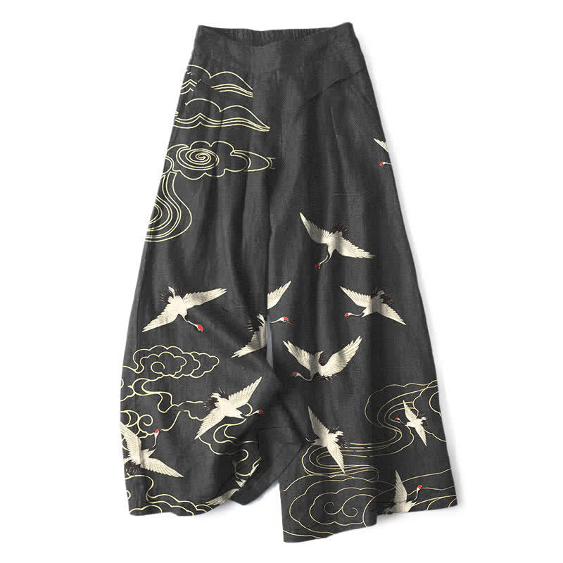 Nimara Ritual Cotton Linen Crane Cloud Pattern Women's Elastic Waist Wide Leg Pants With Pockets