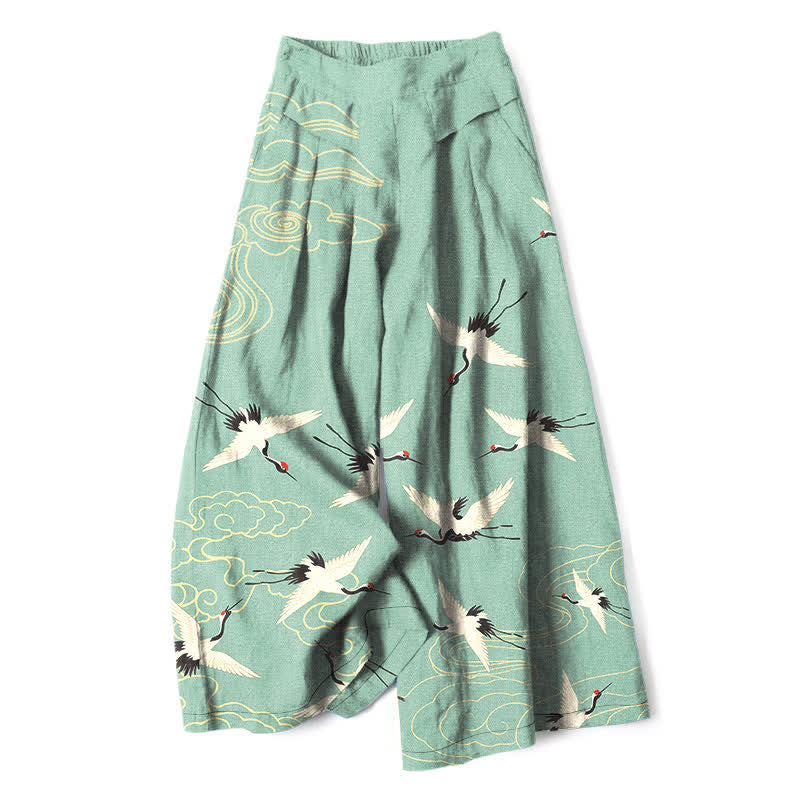Nimara Ritual Cotton Linen Crane Cloud Pattern Women's Elastic Waist Wide Leg Pants With Pockets