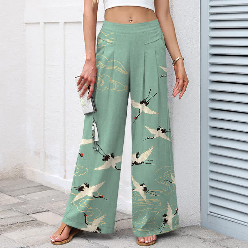 Nimara Ritual Cotton Linen Crane Cloud Pattern Women's Elastic Waist Wide Leg Pants With Pockets