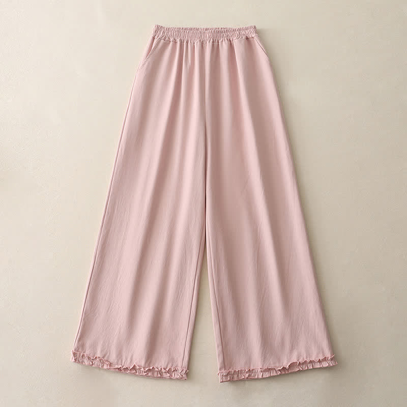 Nimara Ritual Spring Casual Solid Cotton Ruffle Hem Women's Wide Leg Pants With Pockets