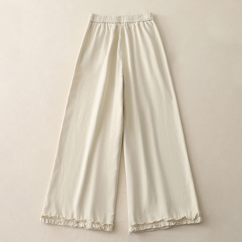 Nimara Ritual Spring Casual Solid Cotton Ruffle Hem Women's Wide Leg Pants With Pockets