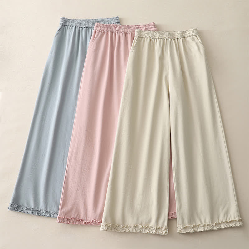 Nimara Ritual Spring Casual Solid Cotton Ruffle Hem Women's Wide Leg Pants With Pockets