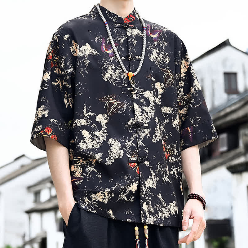 Nimara Ritual Summer Tang Style Frog Button Floral Leaves Butterfly Print Men's Elbow-Length Sleeve Shirt With Chest Pocket