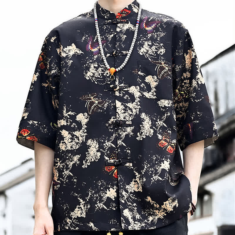 Nimara Ritual Summer Tang Style Frog Button Floral Leaves Butterfly Print Men's Elbow-Length Sleeve Shirt With Chest Pocket