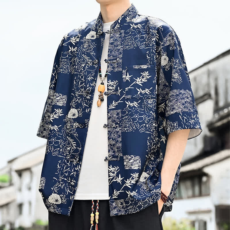 Nimara Ritual Summer Tang Style Frog Button Floral Leaves Butterfly Print Men's Elbow-Length Sleeve Shirt With Chest Pocket