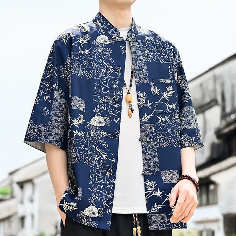 Nimara Ritual Summer Tang Style Frog Button Floral Leaves Butterfly Print Men's Elbow-Length Sleeve Shirt With Chest Pocket
