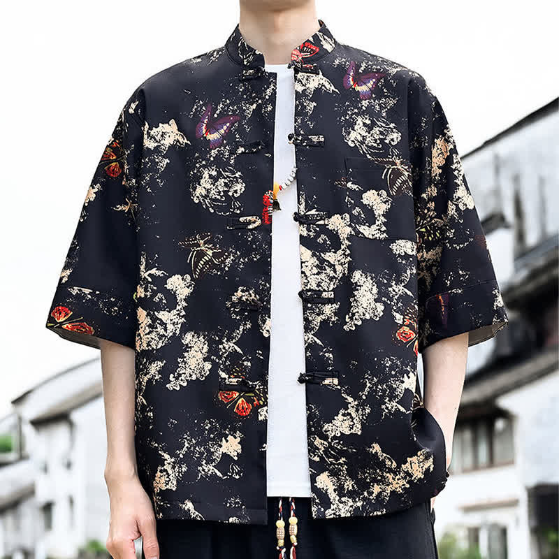 Nimara Ritual Summer Tang Style Frog Button Floral Leaves Butterfly Print Men's Elbow-Length Sleeve Shirt With Chest Pocket