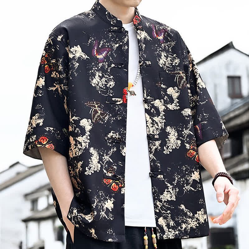 Nimara Ritual Summer Tang Style Frog Button Floral Leaves Butterfly Print Men's Elbow-Length Sleeve Shirt With Chest Pocket