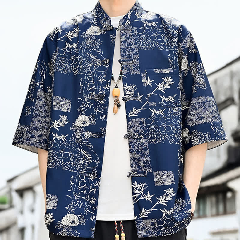 Nimara Ritual Summer Tang Style Frog Button Floral Leaves Butterfly Print Men's Elbow-Length Sleeve Shirt With Chest Pocket
