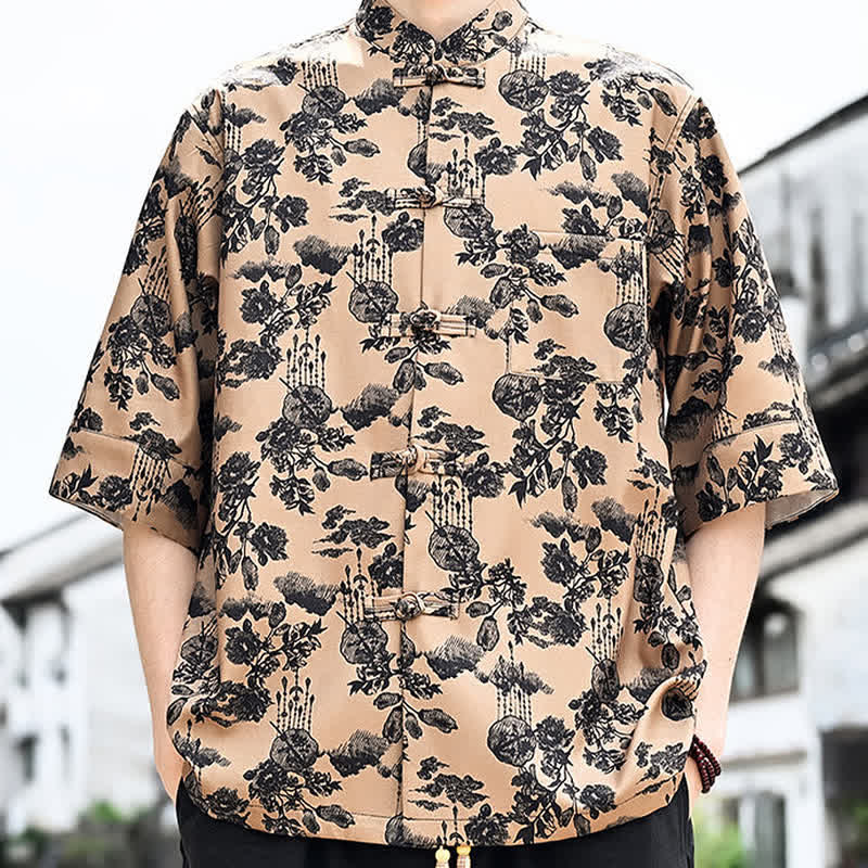 Nimara Ritual Summer Tang Style Frog Button Floral Leaves Butterfly Print Men's Elbow-Length Sleeve Shirt With Chest Pocket