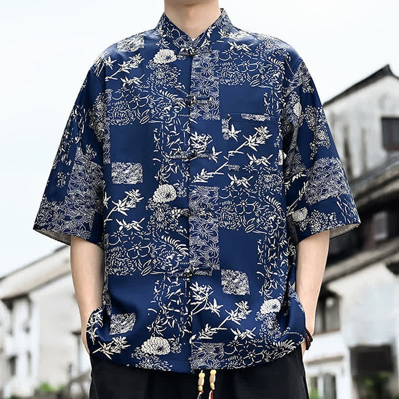 Nimara Ritual Summer Tang Style Frog Button Floral Leaves Butterfly Print Men's Elbow-Length Sleeve Shirt With Chest Pocket