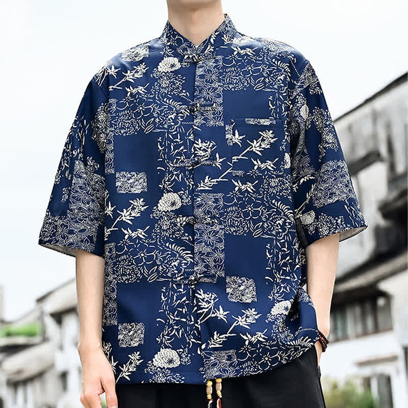 Nimara Ritual Summer Tang Style Frog Button Floral Leaves Butterfly Print Men's Elbow-Length Sleeve Shirt With Chest Pocket