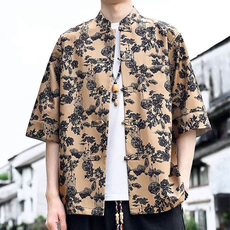 Nimara Ritual Summer Tang Style Frog Button Floral Leaves Butterfly Print Men's Elbow-Length Sleeve Shirt With Chest Pocket