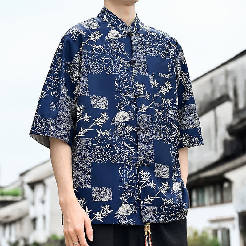 Nimara Ritual Summer Tang Style Frog Button Floral Leaves Butterfly Print Men's Elbow-Length Sleeve Shirt With Chest Pocket