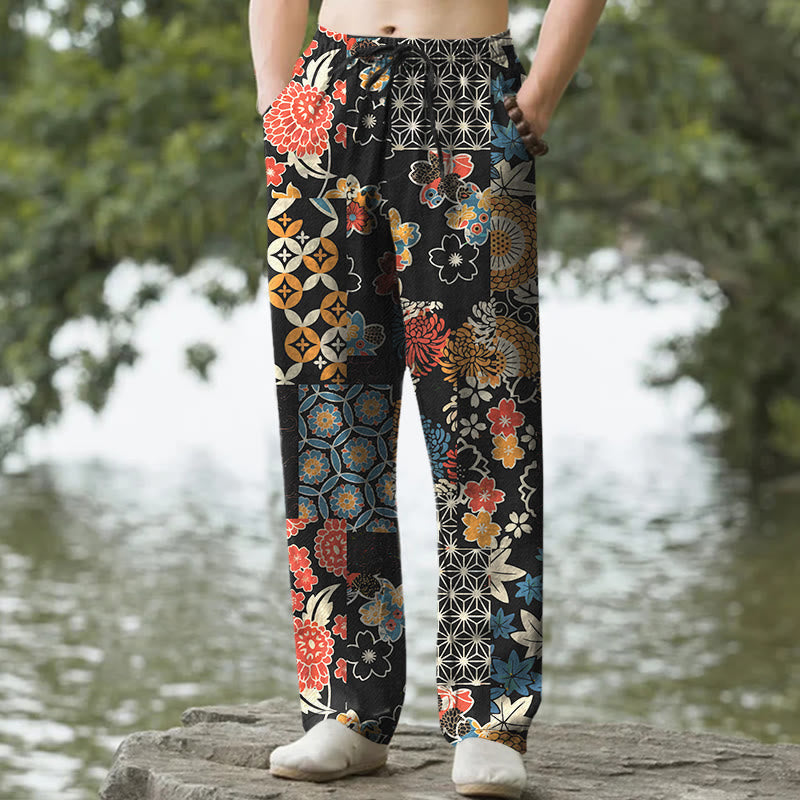 Nimara Ritual Cotton Bohemian Floral Patchwork Pattern Men's Tapered Pants With Pockets