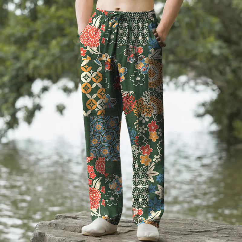 Nimara Ritual Cotton Bohemian Floral Patchwork Pattern Men's Tapered Pants With Pockets