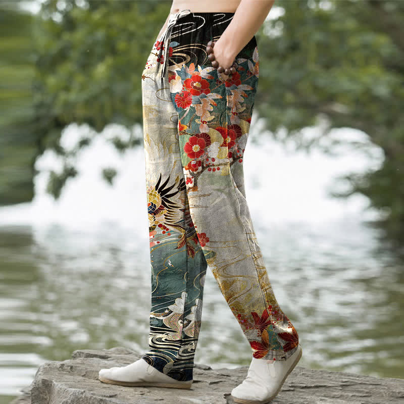 Nimara Ritual Cotton White Crane Wave Pattern Men's Tapered Pants With Pockets