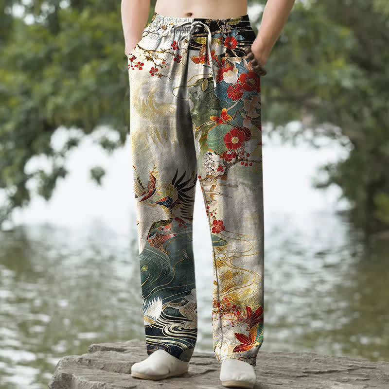 Nimara Ritual Cotton White Crane Wave Pattern Men's Tapered Pants With Pockets