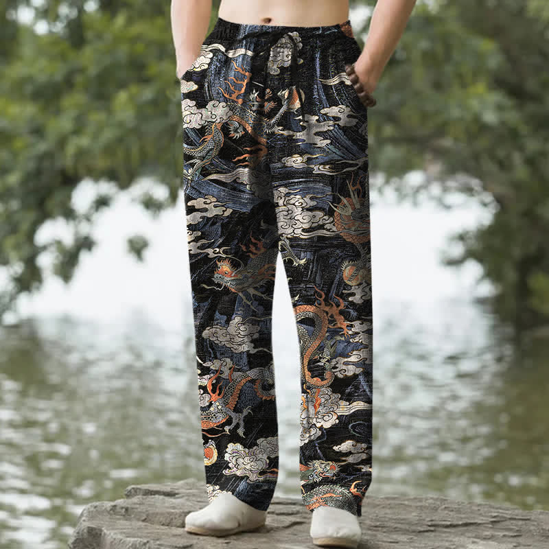 Nimara Ritual Cotton Dragon Cloud Pattern Men's Tapered Pants With Pockets