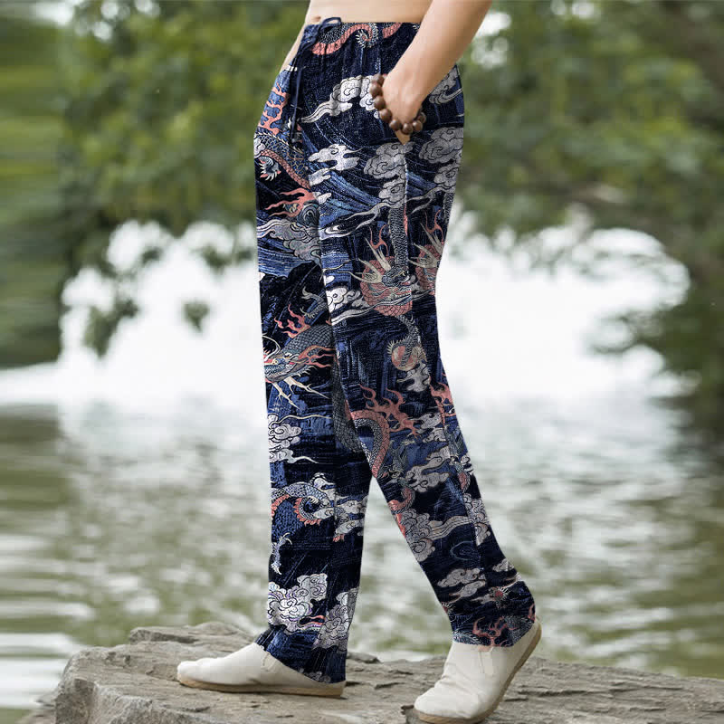 Nimara Ritual Cotton Dragon Cloud Pattern Men's Tapered Pants With Pockets