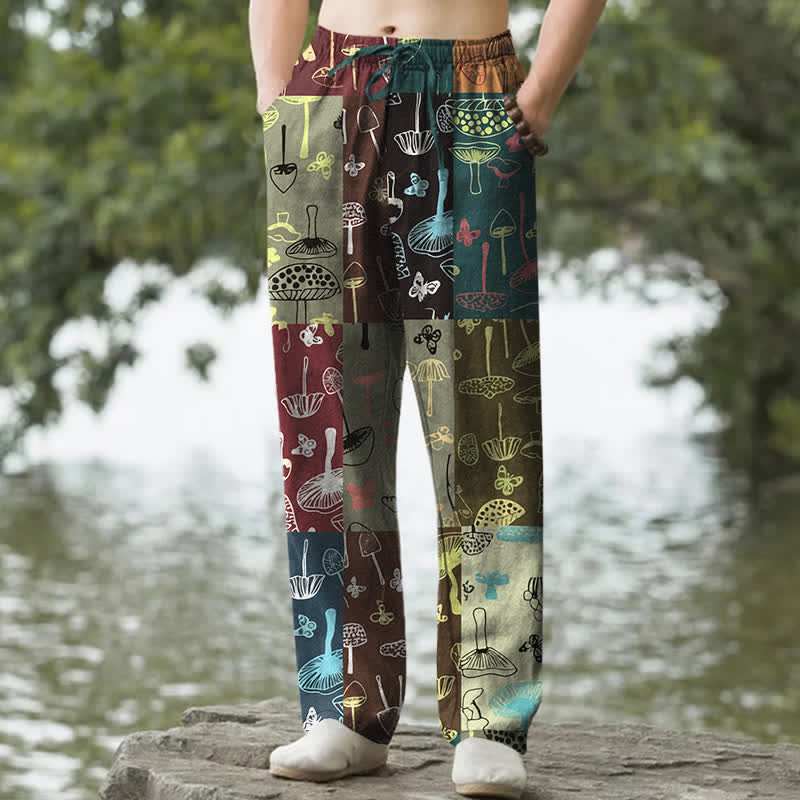 Nimara Ritual Cotton Mushroom Botanical Pattern Men's Tapered Pants With Pockets