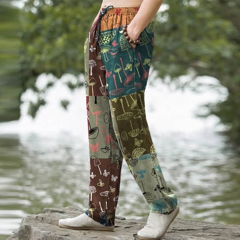 Nimara Ritual Cotton Mushroom Botanical Pattern Men's Tapered Pants With Pockets
