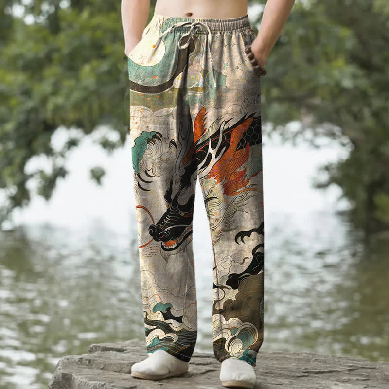 Nimara Ritual Cotton Oriental Dragon Wave Pattern Men's Tapered Pants With Pockets