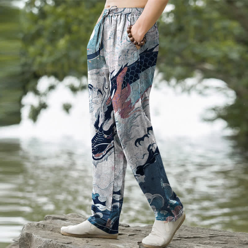Nimara Ritual Cotton Oriental Dragon Wave Pattern Men's Tapered Pants With Pockets