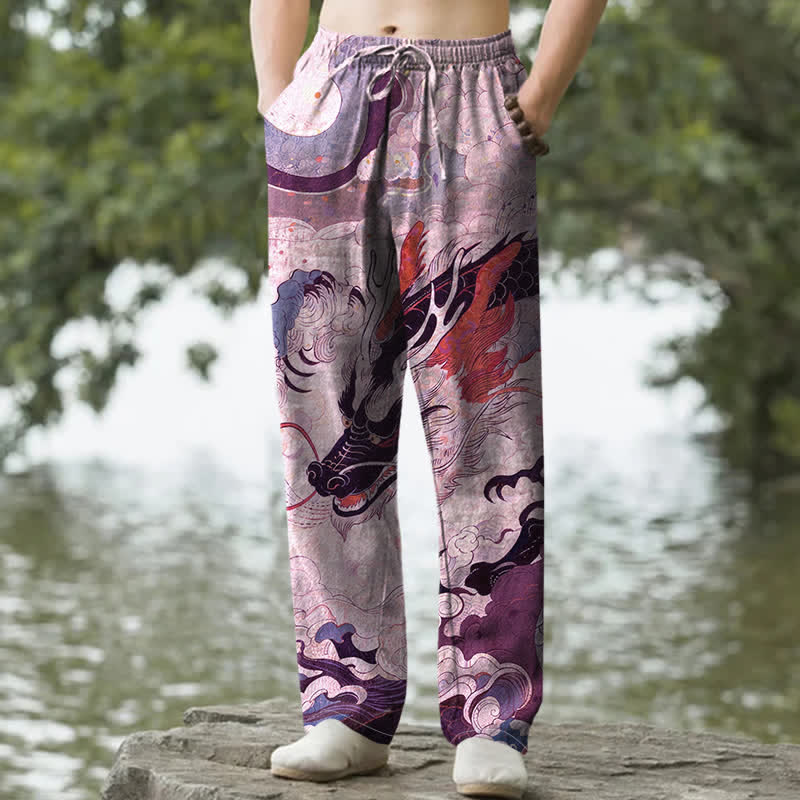 Nimara Ritual Cotton Oriental Dragon Wave Pattern Men's Tapered Pants With Pockets