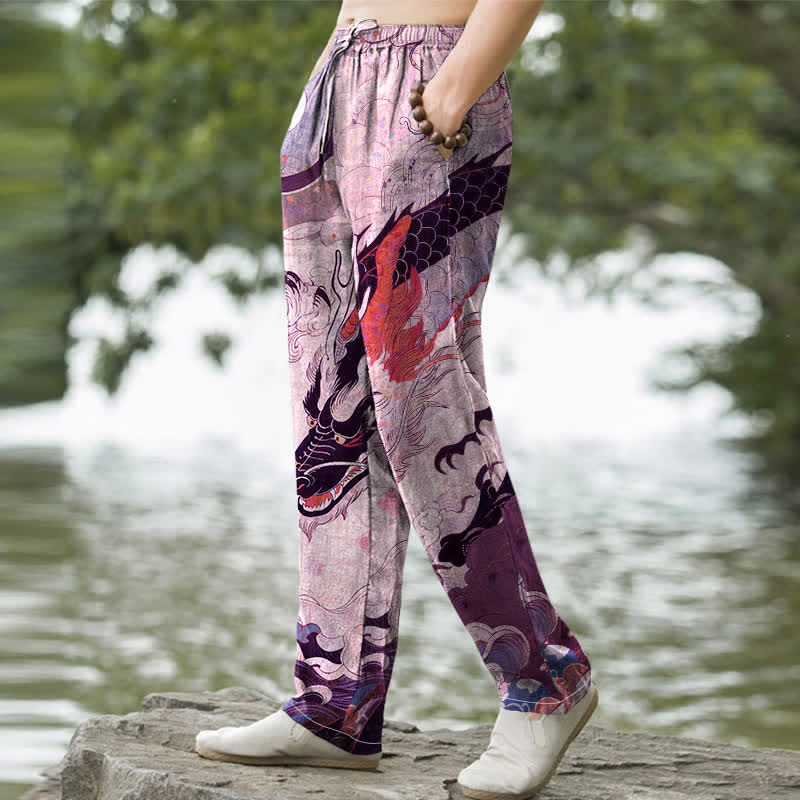 Nimara Ritual Cotton Oriental Dragon Wave Pattern Men's Tapered Pants With Pockets