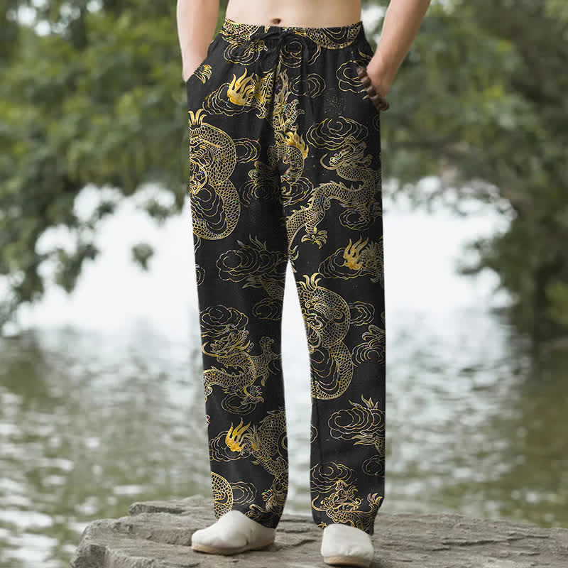 Nimara Ritual Cotton Golden Dragon Cloud Pattern Men's Tapered Pants With Pockets