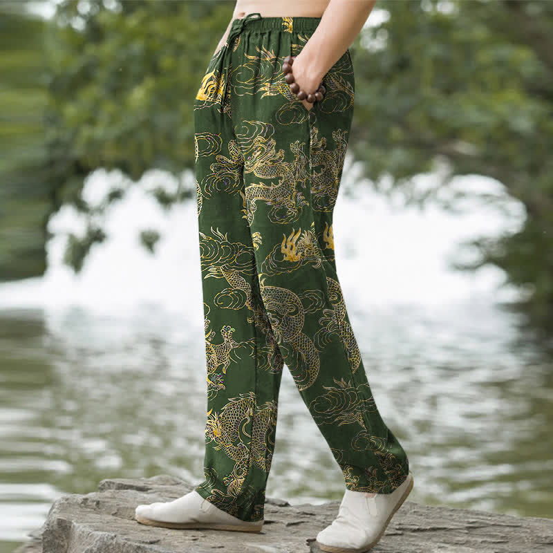 Nimara Ritual Cotton Golden Dragon Cloud Pattern Men's Tapered Pants With Pockets